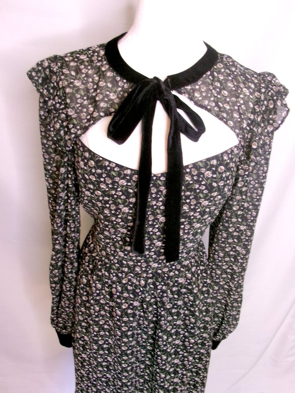 Lulus Dark Floral Velvet Bow Cutout Mini Dress Cottagecore Romantic S